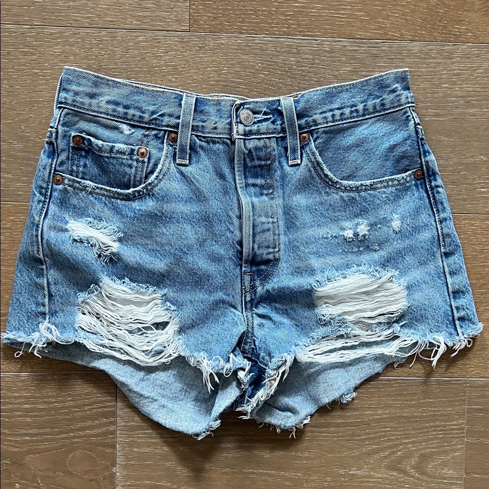 Levi’s 501 Original Distressed High Rise Blue Denim Shorts | 27